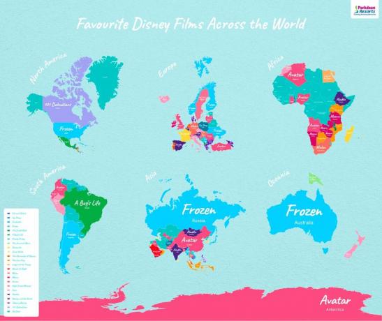 Šajā kartē ir redzama vispopulārākā Disneja filma visās valstīs