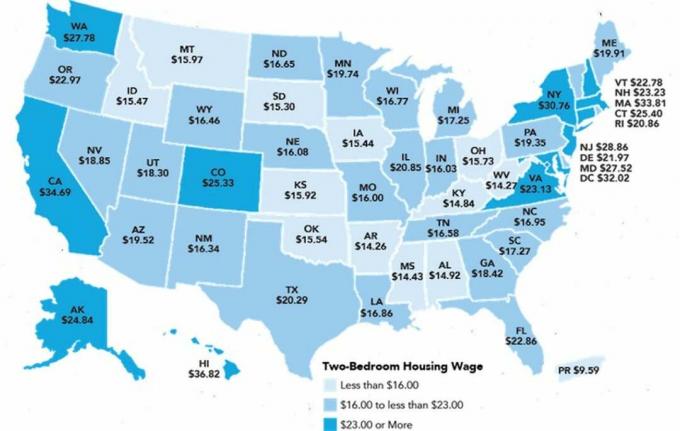 地図は50州すべての家賃の費用を示しています