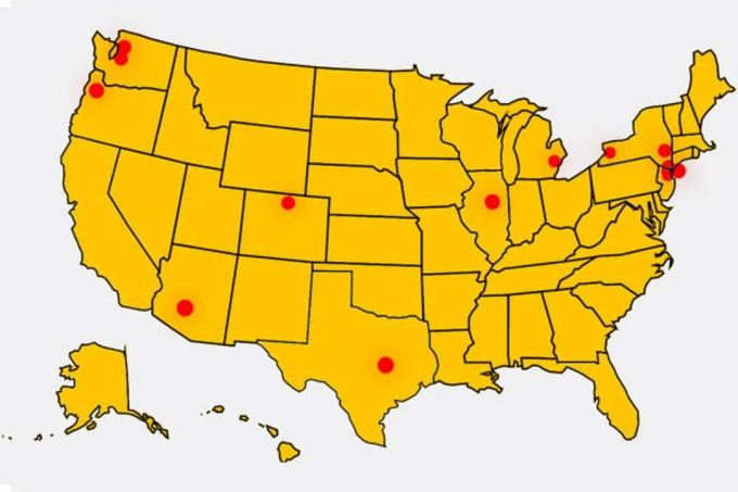 Mapa ukazuje města v USA s nejvyššími mírami proti očkování