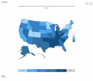 अध्ययन के अनुसार नक्शा अमेरिका में सबसे स्वस्थ और कम से कम स्वस्थ राज्यों को दिखाता है
