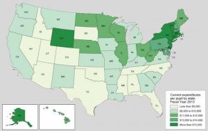 Šī ASV nacionālā izglītības karte parāda, cik katra valsts tērē uz vienu skolēnu
