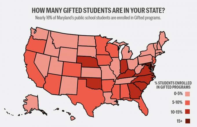 才能と才能のある学生：地図は奇妙な州から州への分布を示しています