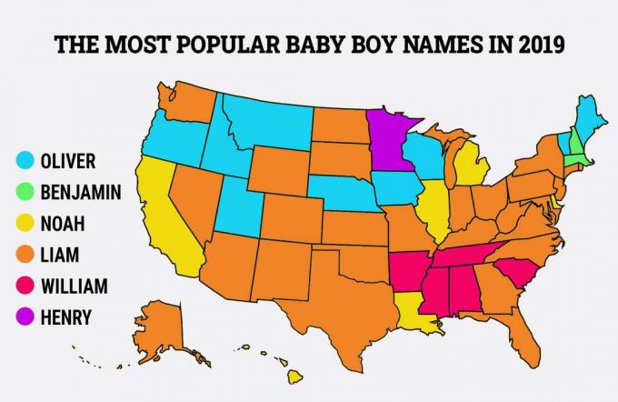 oranžová modrá fialová růžová a žlutá mapa Spojených států ukazující, která jména chlapečků byla podle států populární v roce 2019