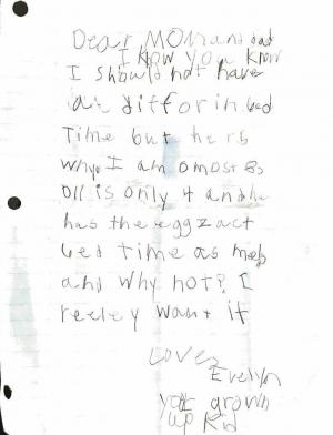 เด็กสาวคนหนึ่งเขียนจดหมายถึงพ่อแม่เพื่อขอเวลานอนทีหลัง