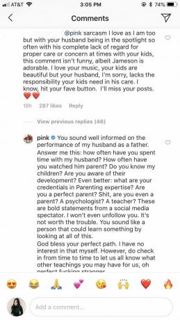 Pink reageert op trol die kritiek had op het ouderschap van echtgenoot Carey Hart