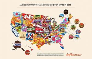 Beliebte Halloween-Süßigkeiten in Amerika, die von Staat zu Staat abgebildet sind