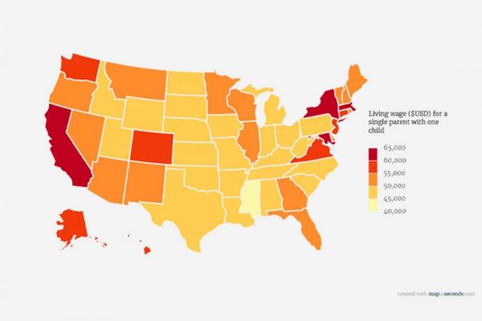 Karte parāda iztikas minimumu vientuļajiem vecākiem katrā štatā