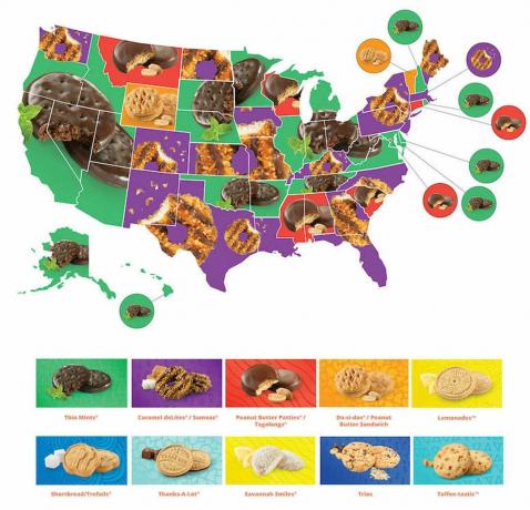 Mapa zobrazuje najobľúbenejšie sušienky skautiek v každom štáte