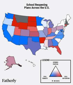 Táto mapa zobrazuje plány znovuotvorenia patchworku pre školy v USA