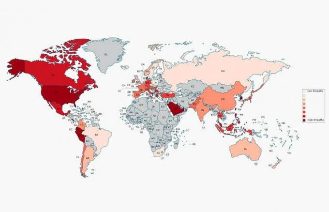 सबसे अधिक सहानुभूति वाले देशों का नक्शा